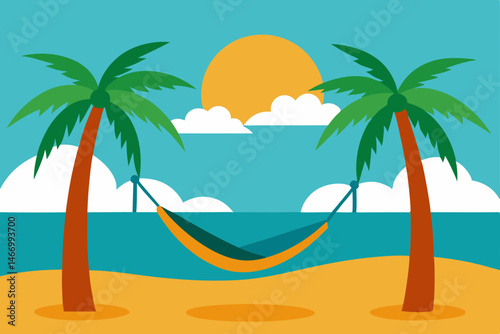 tropical beach hammock scene under swaying coconut 