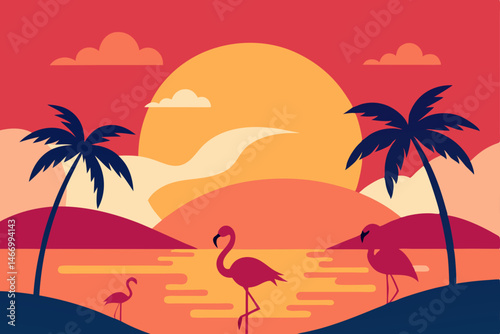 tropical island sunset with flamingos wading near