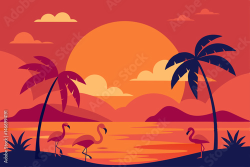 tropical island sunset with flamingos wading near 