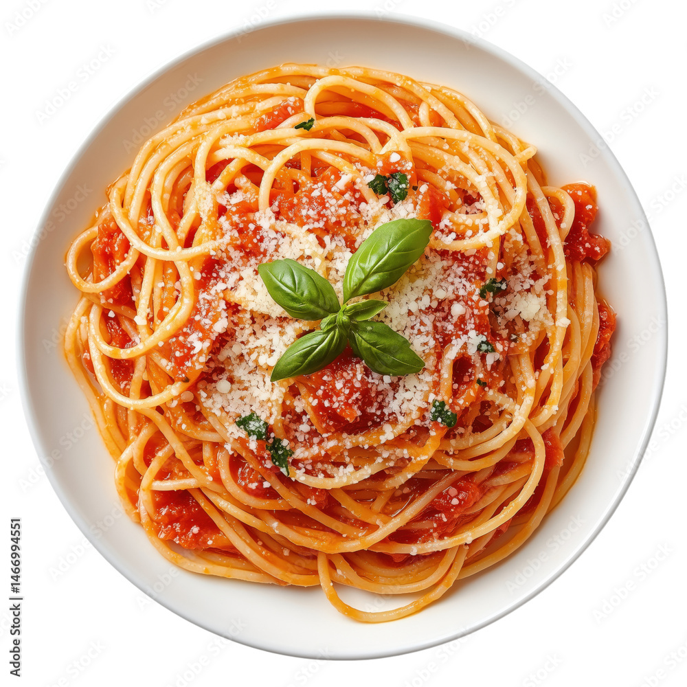 spaghetti with tomato sauce and basil isolated on transparent background