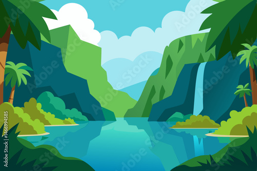 tropical lagoon surrounded by cliffs and dense 