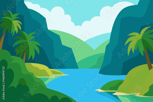 tropical lagoon surrounded by cliffs and dense 
