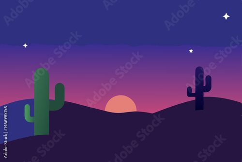 twilight desert scene with glowing cacti 