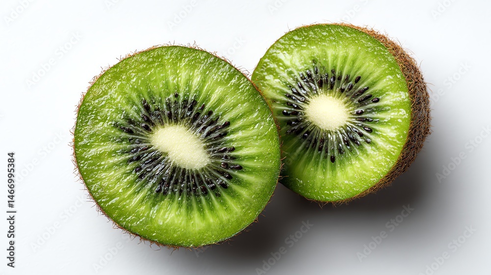 Fototapeta premium A vibrant close-up of a halved kiwi showing its green flesh and black seeds, perfect for showcasing healthy eating, organic food, and fresh tropical flavors.