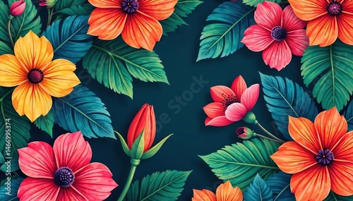 Bold tropical floral pattern, vibrant color palette, bold, plant, graphics