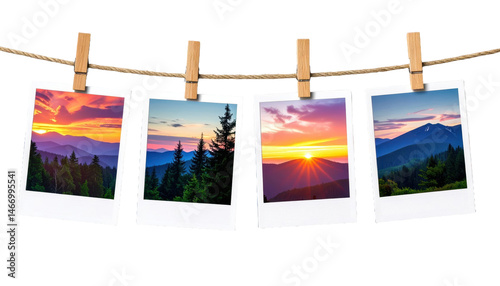 Four Polaroidstyle photos clipped to a twine string with wooden clothespins showing scenic 