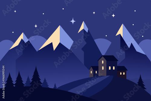 twilight mountain village with stars emerging 
