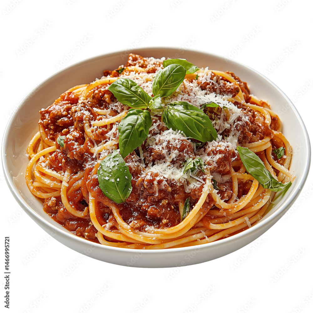 spaghetti with tomato sauce and basil isolated on transparent background