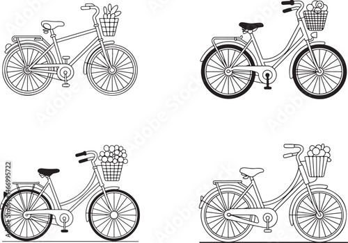 Bicycle line art vector illustration on transparent background.