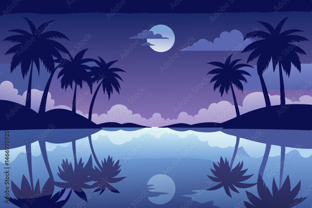 Fototapeta premium twilight reflections on a calm lagoon framed
