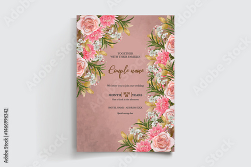 WEDDING INVITATION FRAME WITH FLOWER DECORATIONS AND FRESH LEAVES