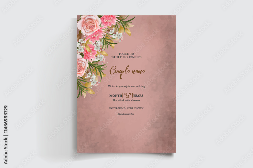 WEDDING INVITATION FRAME WITH FLOWER DECORATIONS AND FRESH LEAVES WEDDING INVITATION FRAME WITH FLOWER DECORATIONS AND FRESH LEAVES