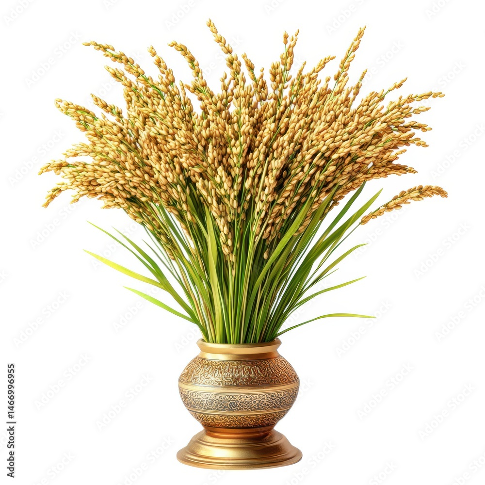 Fototapeta premium Golden rice plant in vase isolated on white background