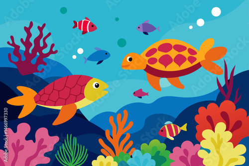 vibrant coral reef scene with sea turtles 