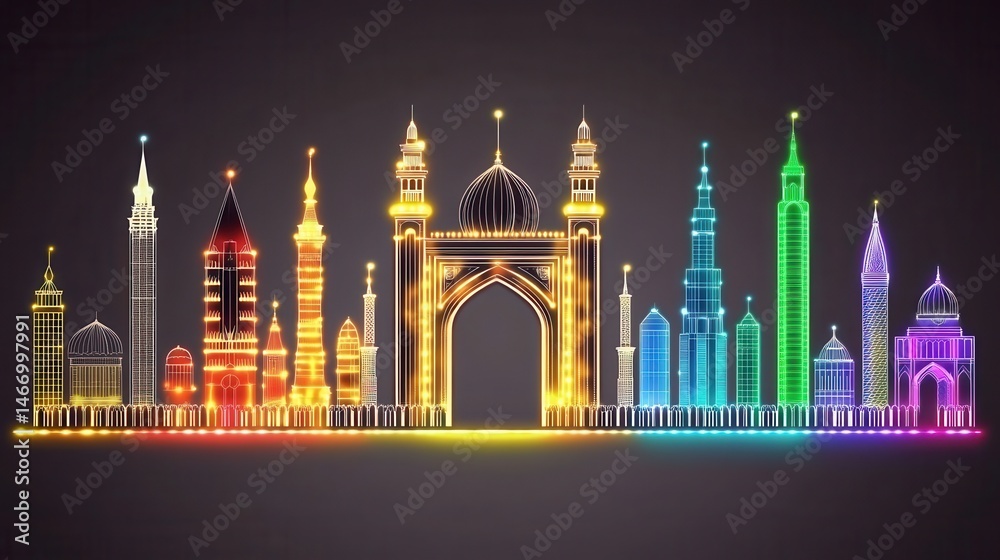 Fototapeta premium Vibrant illuminated cityscape silhouette glittering on a dark background modern urban skyline with iconic landmarks and architectural wonders