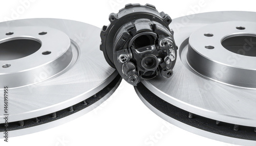 brake disc and caliper closeup on white background