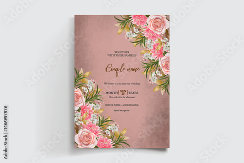 WEDDING INVITATION FRAME WITH FLOWER DECORATIONS AND FRESH LEAVES