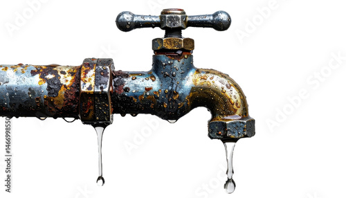 A closeup of a weathered vintagestyle metallic faucet dripping with moisture mounted on 
