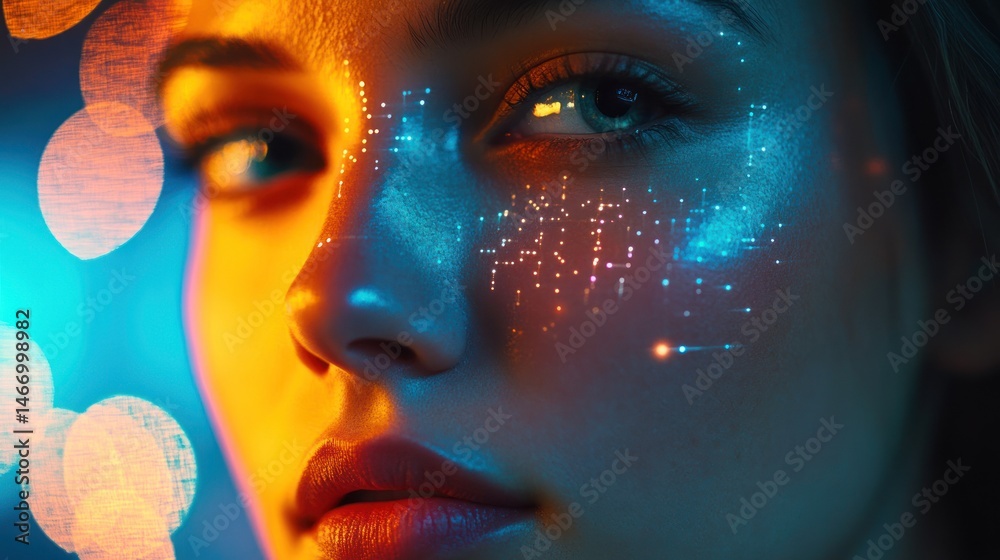 Fototapeta premium Close-up portrait of a young woman with glowing digital patterns on her face, illuminated by colorful bokeh lights.