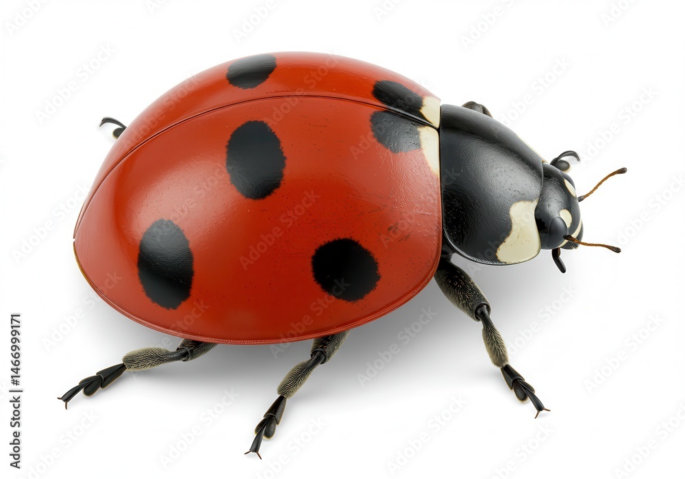 Close up of a red ladybug with black spots on a white background showing its delicate legs Close up of a red ladybug with black spots on a white background showing its delicate legs