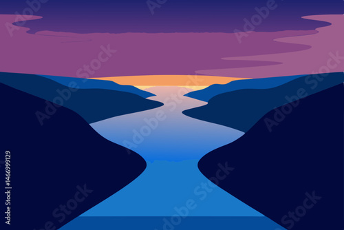 wide river mouth opening into a calm ocean under 