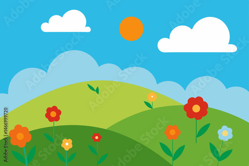 wildflower covered hillside under scattered clouds.svg
