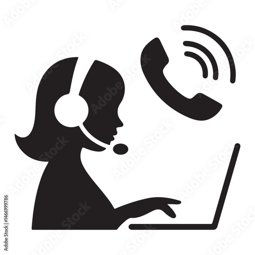 Black Girl with Laptop Working in Call Center, Silhouette Vector Icon Collection for Business & Customer Service.