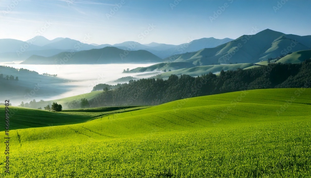 Paisaje de valle brumoso con campo verde y montañas brumosas; hermoso fondo de pantalla matutino; fondo pintoresco inspirador para pancartas o postales, espacio de copia, diseño de lugar, inspiración Paisaje de valle brumoso con campo verde y montañas brumosas; hermoso fondo de pantalla matutino; fondo pintoresco inspirador para pancartas o postales, espacio de copia, diseño de lugar, inspiración