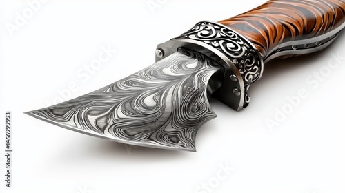 The ornate damascus steel knife with a decorative silver bolster and a patterned wooden handle is displayed against a bright white background for detail.