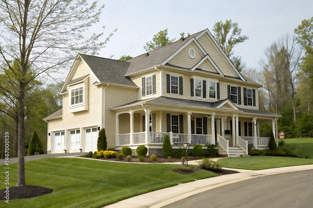 Modern Colonial Style House with Garage and Landscaped Front Yard Modern Colonial Style House with Garage and Landscaped Front Yard
