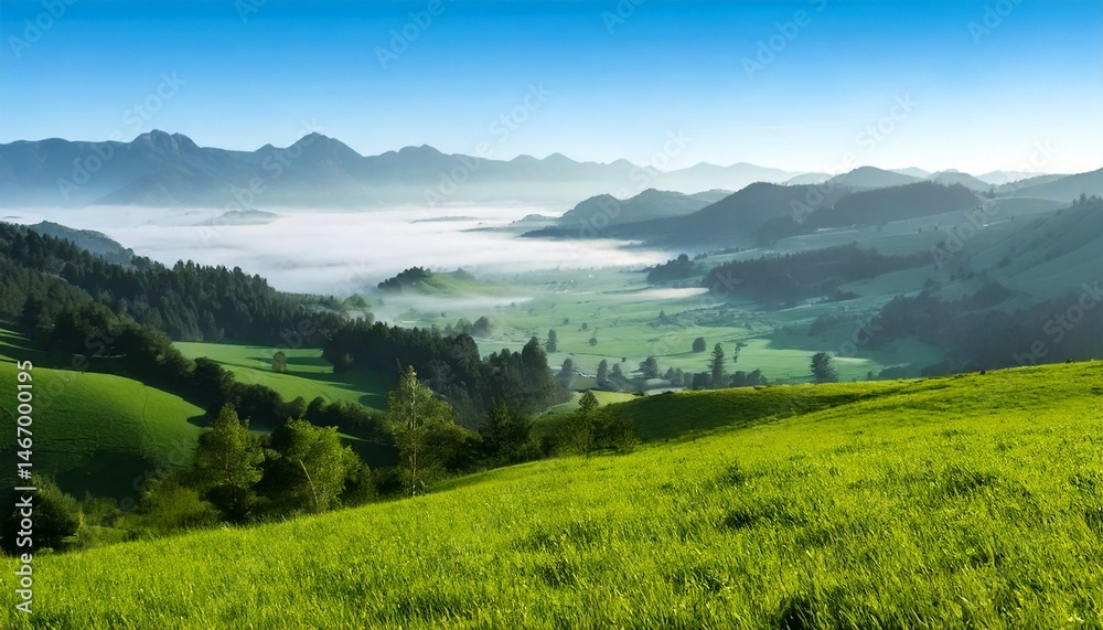 Fototapeta premium Paisaje de valle brumoso con campo verde y montañas brumosas; hermoso fondo de pantalla matutino; fondo pintoresco inspirador para pancartas o postales, espacio de copia, diseño de lugar, inspiración