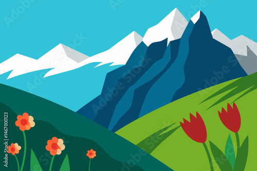 wildflower strewn alpine slope with towering 