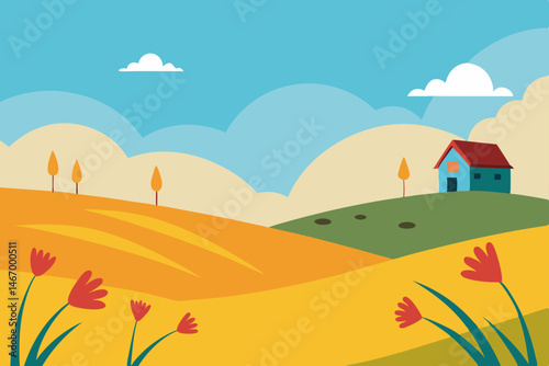 windblown prairie with distant barns and colorful 