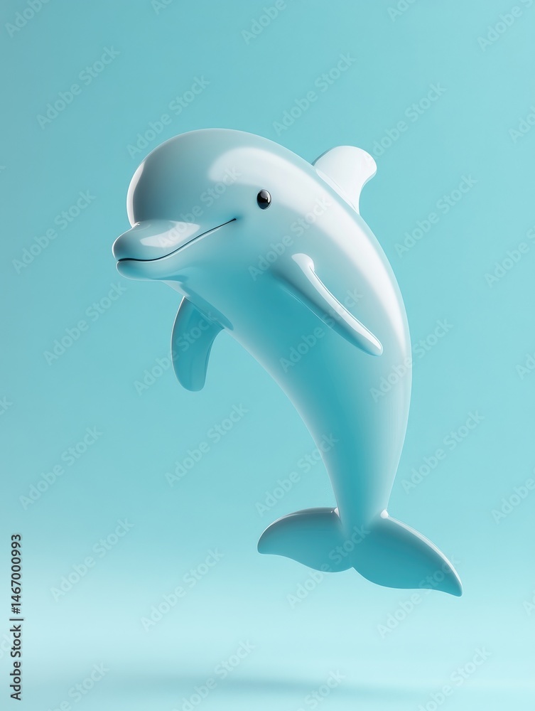 Obraz premium Light blue cartoon dolphin in mid-air against a pale blue background.