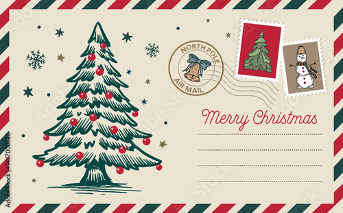 Christmas mail, Postcard with tree, letter, hand drawn illustration.