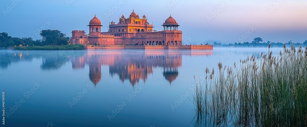 Fototapeta premium Misty Palace on a Calm Lake