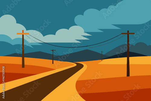 windswept prairie road with telephone poles and 
