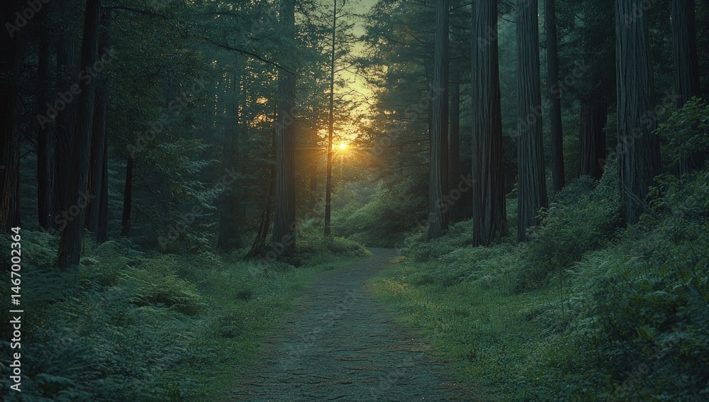 Fototapeta premium Sunlight filters through ancient forest path. Lush greenery surrounds a gravel pathway. Golden light illuminates the trees