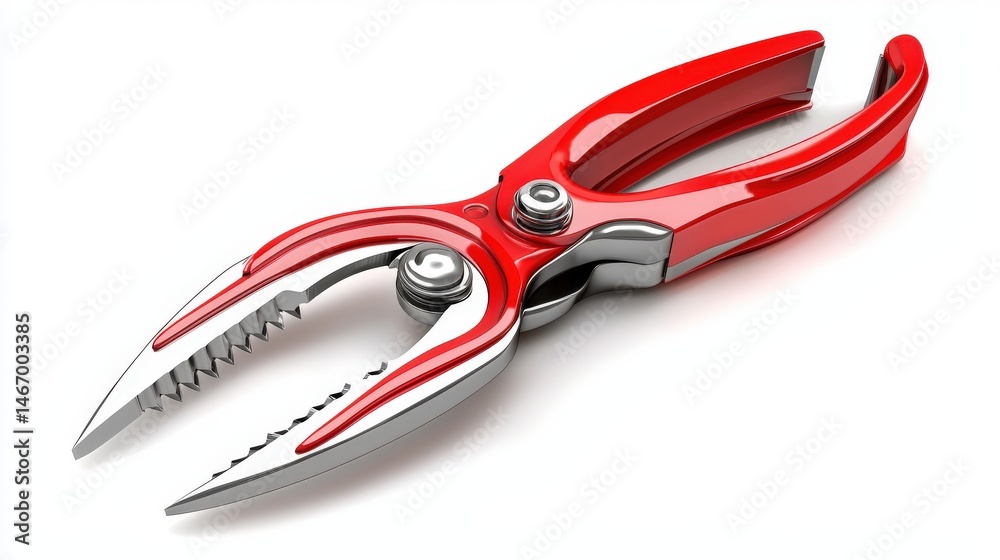 Obraz premium Red handled fish cracker with silver accents gleaming against a stark white background, a tool used for opening crab and lobster with ease and efficiency.