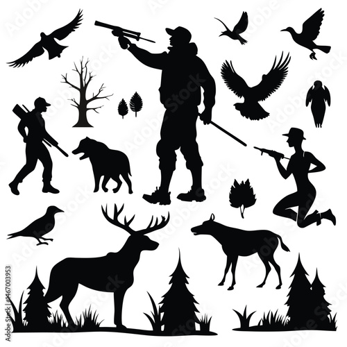  a collection of black silhouettes and illustrations related to hunting, featuring hunters, dogs, various game animals, and birds in flight.