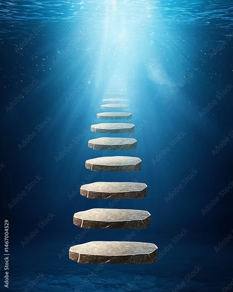 Fototapeta premium Question marketing risk. A path of stone steps rises upward underwater, illuminated by rays of sunlight filtering through the surface above.
