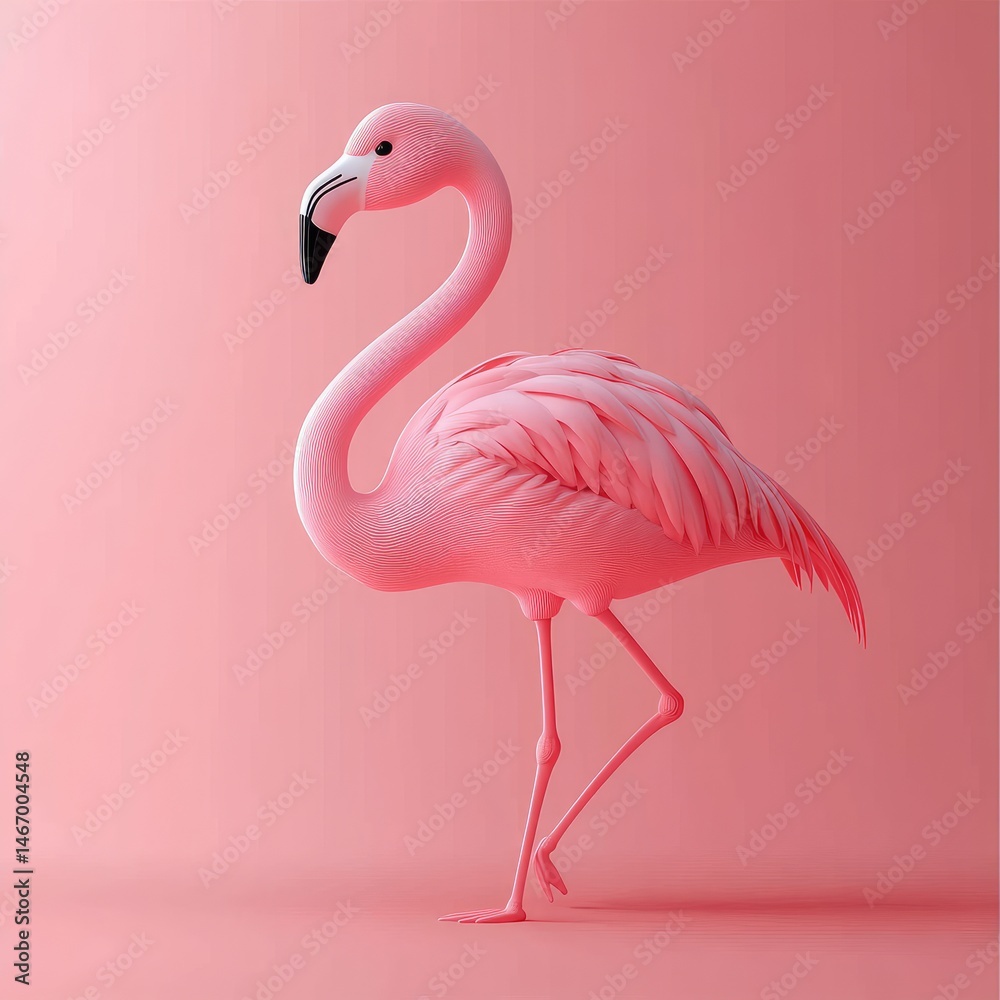 Fototapeta premium Monochromatic pink flamingo against a solid pink backdrop.