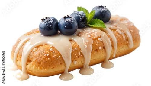 Delicious éclair adorned with blueberries, mint, and creamy vanilla icing.