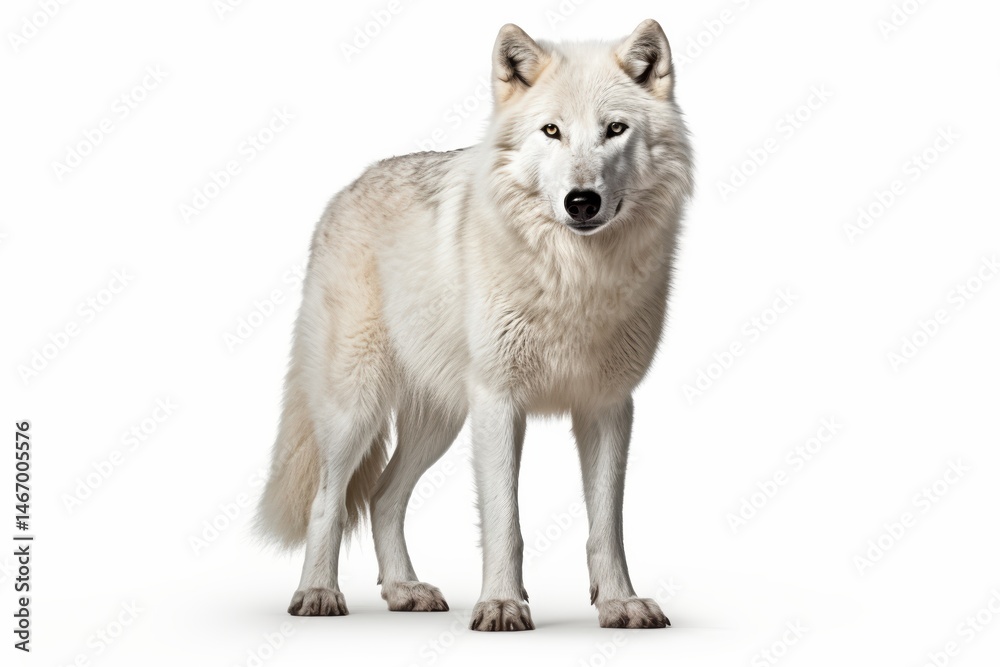 Obraz premium Majestic Arctic Wolf pristine white fur intense gaze isolated on white background