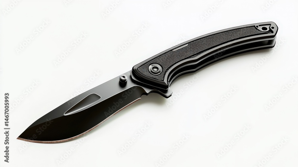 A sleek black folding knife with a blade and textured handle is displayed against a clean white background highlighting its design and utility features. A sleek black folding knife with a blade and textured handle is displayed against a clean white background highlighting its design and utility features.