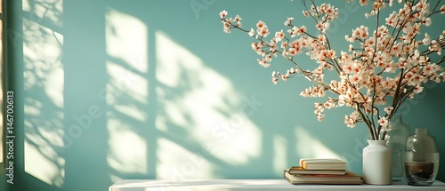 Spring blossoms, books, sunlight, teal wall