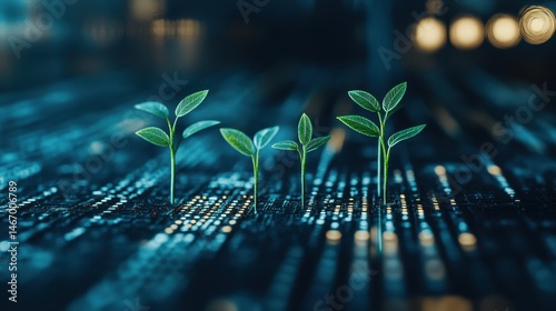 Sustainable digital future with sprouting plants on a tech circuit symbolizing growth and innovation in the technology sector