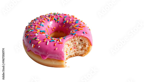 Delicious pink frosted donut with colorful sprinkles, a sweet indulgence with a bite taken.