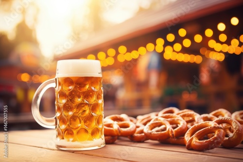 Golden beer stein pretzels Oktoberfest joy Warm lighting blurry festive background