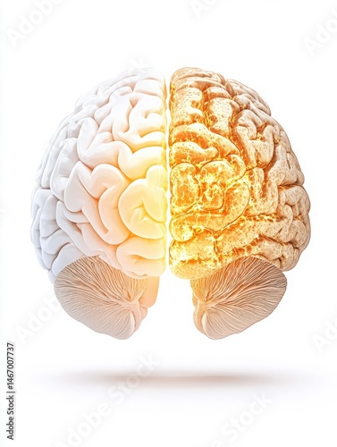 Question marketing risk. Digital illustration of a human brain, split into two distinct colored hemispheres, showing anatomical details on a white background.